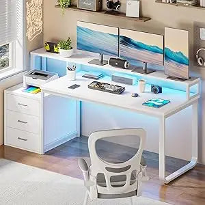 Ljustra 67 Inch Computer Desk with 3 Drawers and LED Light for Home Office