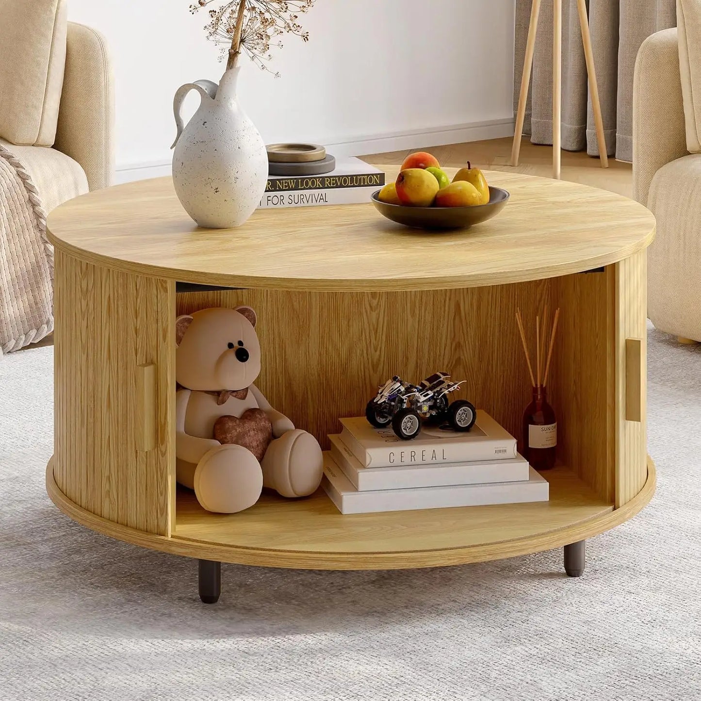 Round Coffee Table with Storage Modern 31.5 Inch Curved Sliding Door