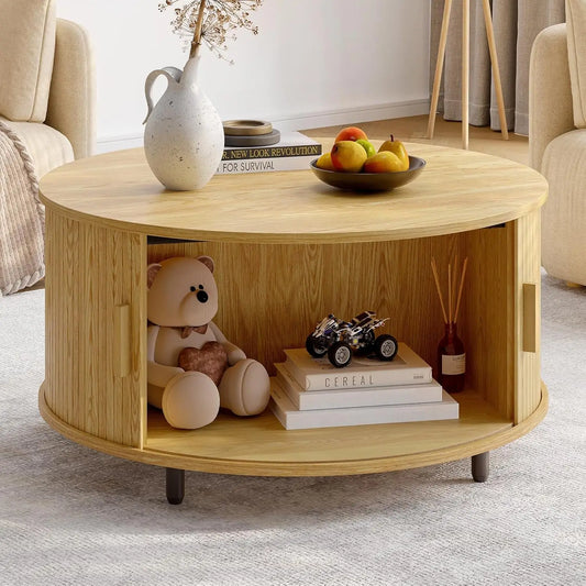 Round Coffee Table with Storage Modern 31.5 Inch Curved Sliding Door