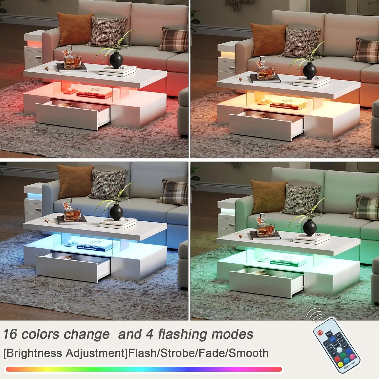 Modern LED Coffee Table High Gloss Storage Drawer Living Room Bedroom