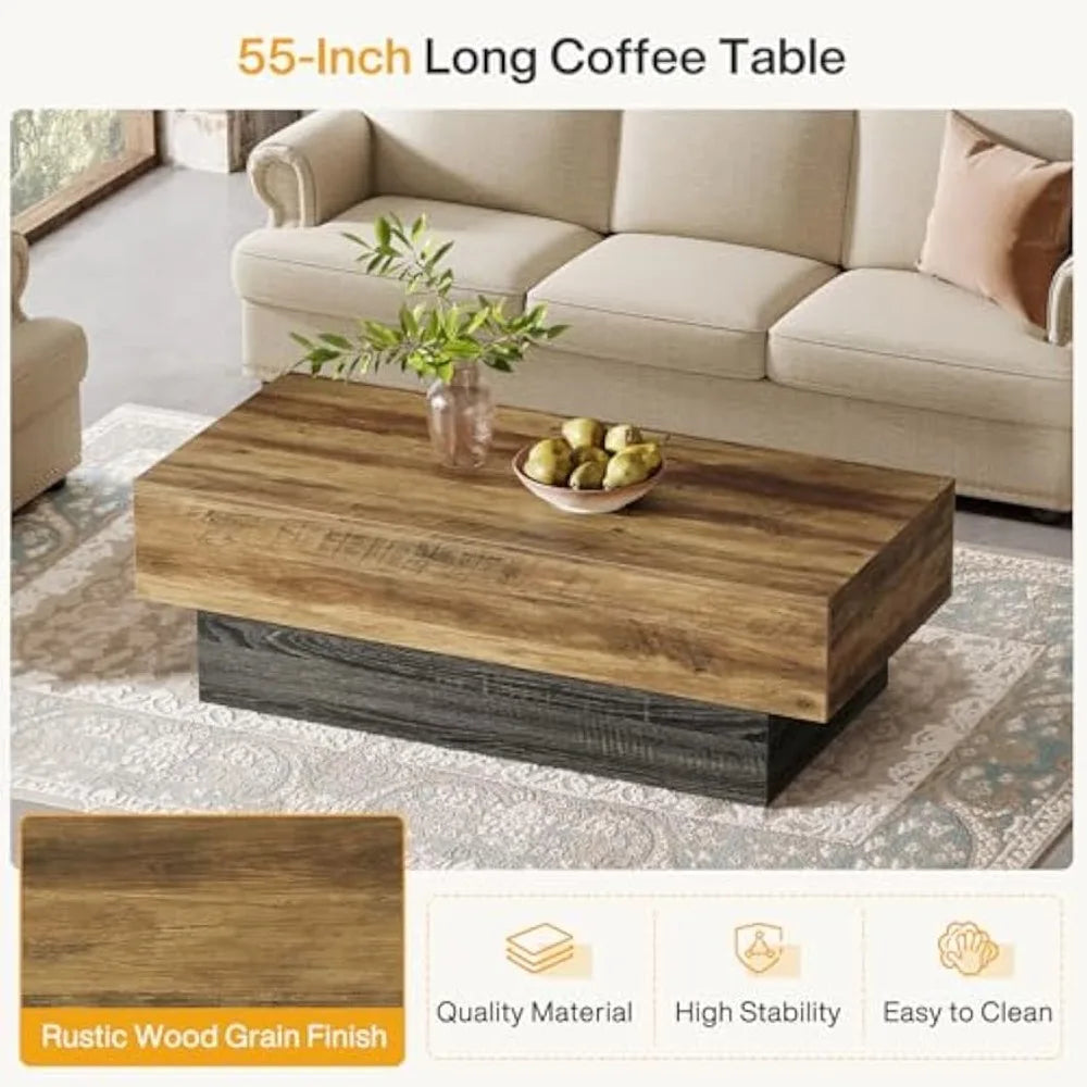 Farmhouse Wood Coffee Table 55 Inch Rectangle Vintage Center Table Living Room