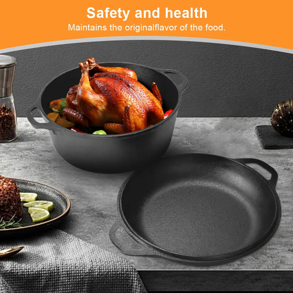 2 in 1 Cast Iron Dutch Oven Skillet Pot Set for Baking Camping BBQ