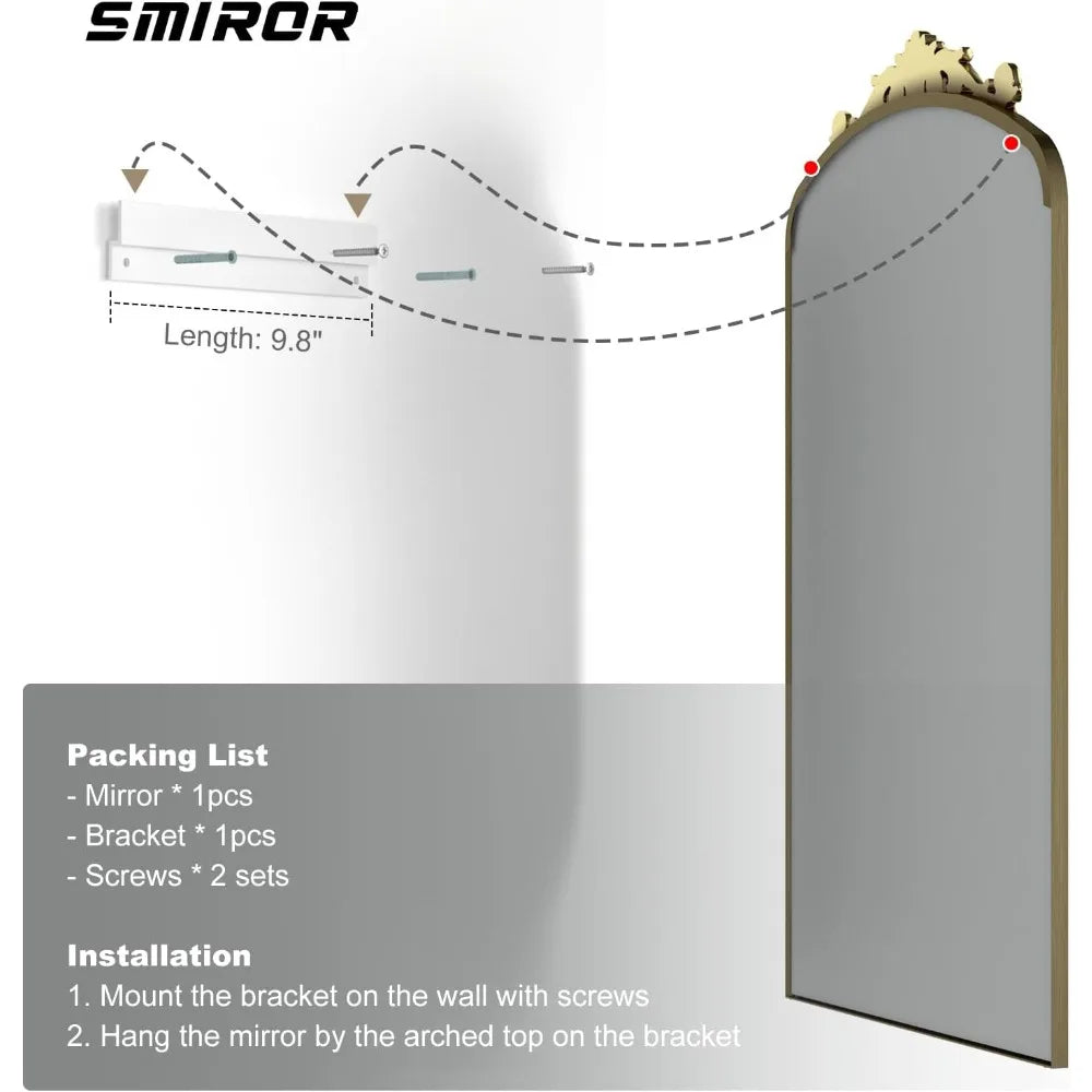 Vintage Gold Arched Floor Mirror Baroque Style Wall-Mountable Shatter-Resistant