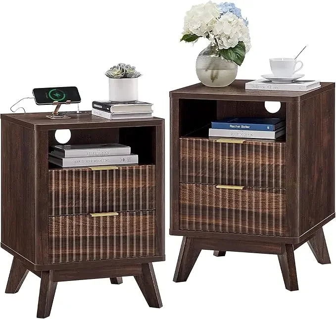 Fluted Nightstand with Charging Station 18" Modern Side Table 2 Drawers