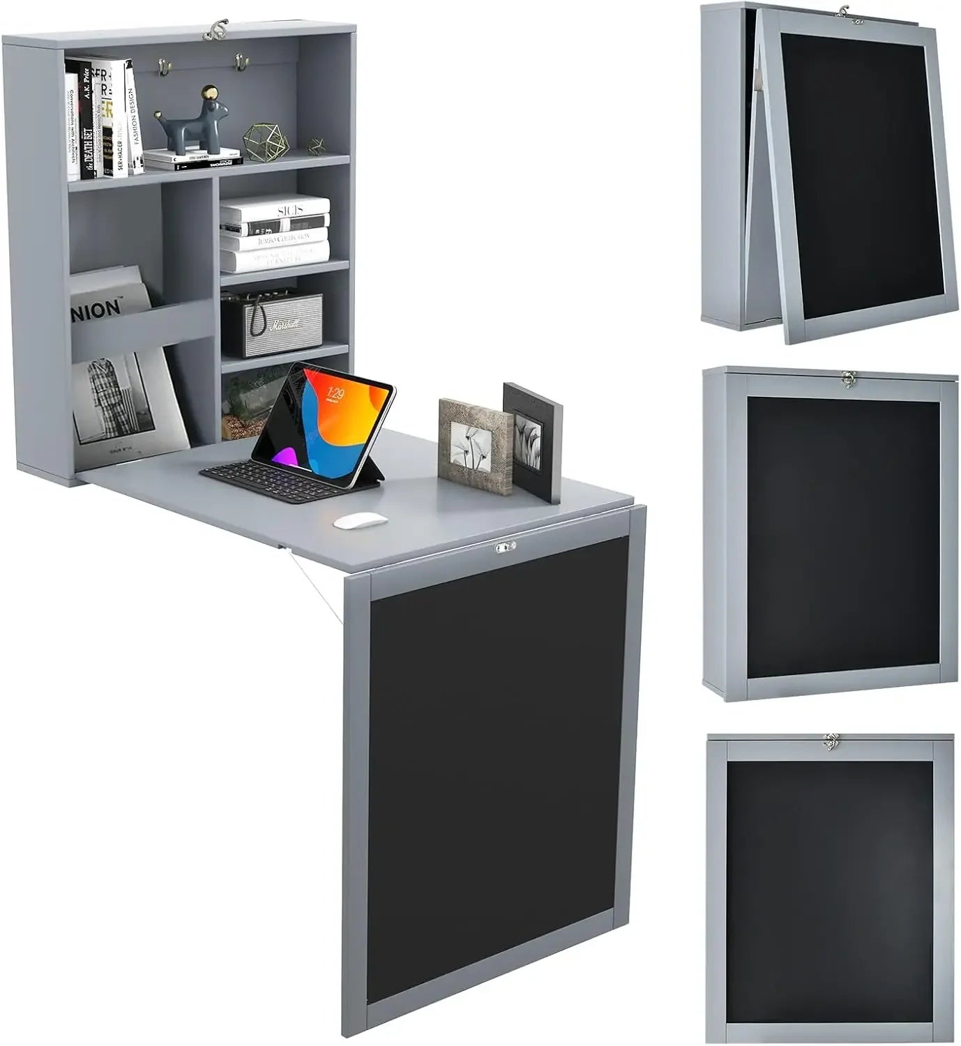 Folding Wall Mounted Desk with Storage Shelves and Hooks for Small Spaces