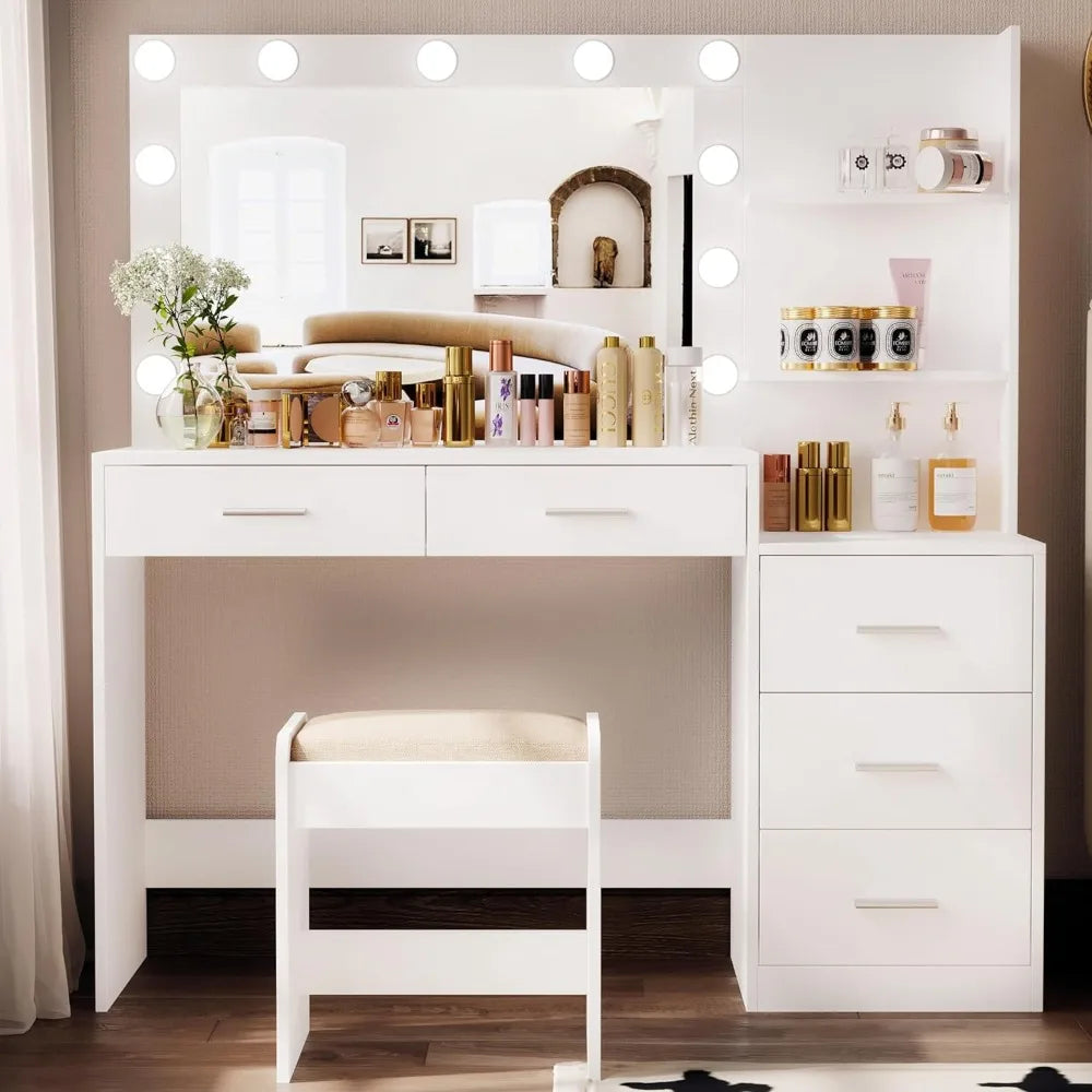 46.7 Inch Makeup Vanity Set with LED Lights and Mirror and 5 Drawers