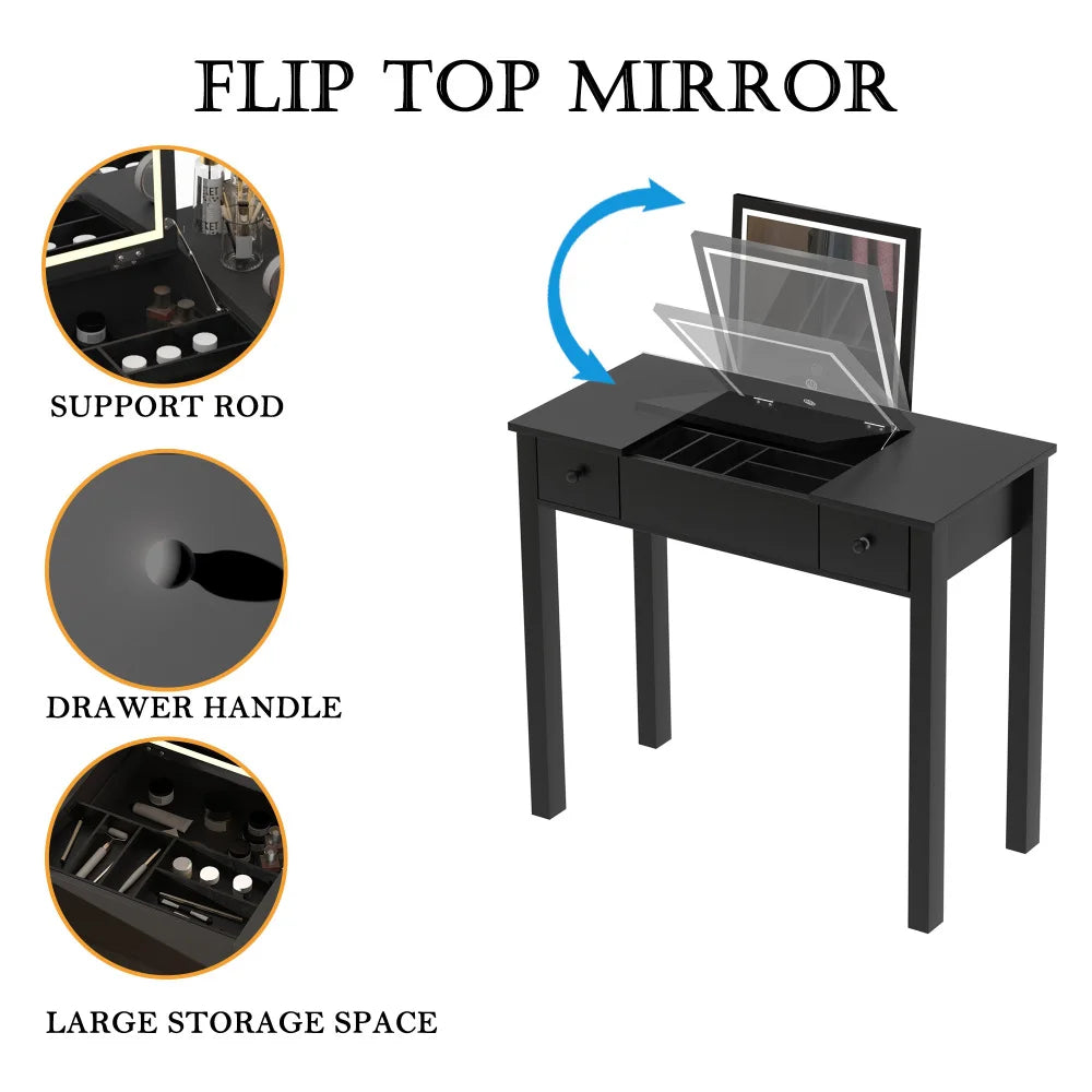 Elegant Black Vanity Table with LED Mirror and Jewelry Storage