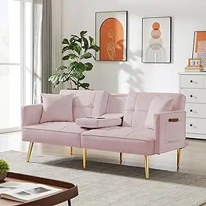 Ljustra Futon Sofa Bed Convertible Modern Linen Couch with Cup Holders