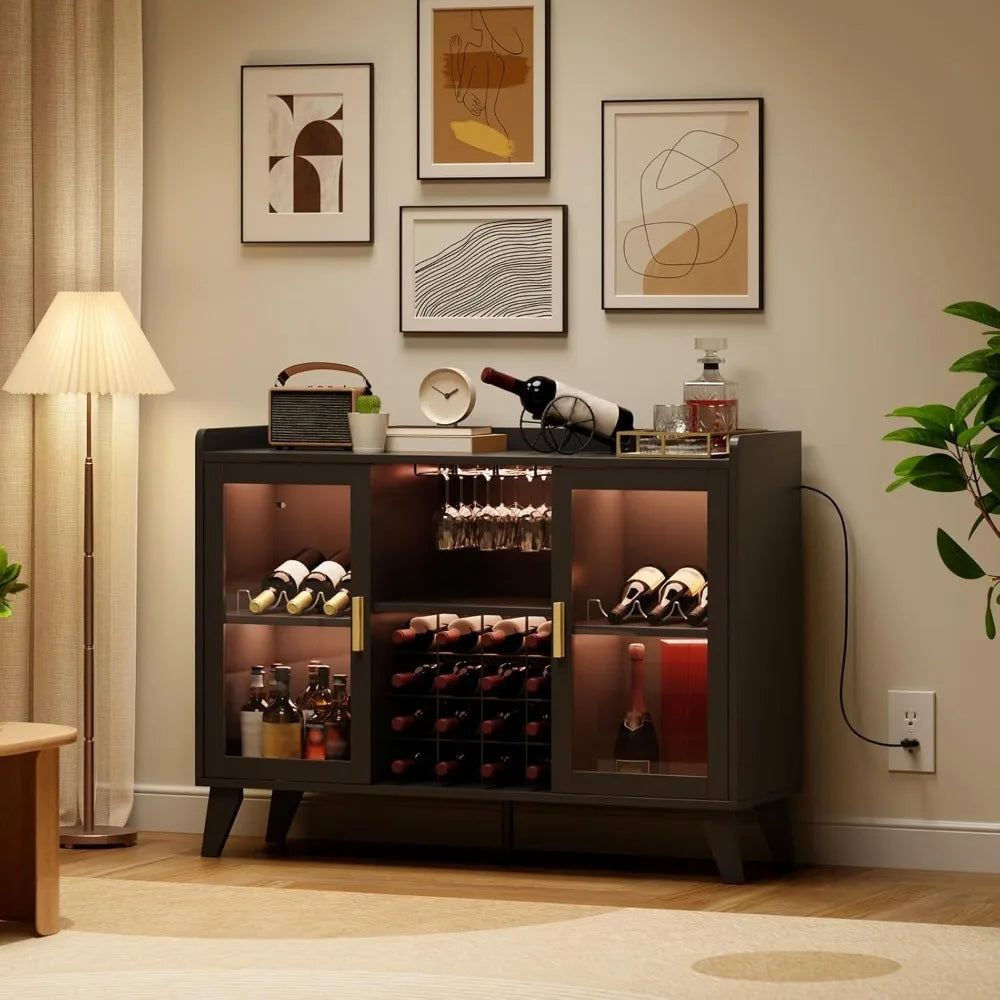 Modern Wine Bar Cabinet LED Light Coffee Liquor Storage Sideboard