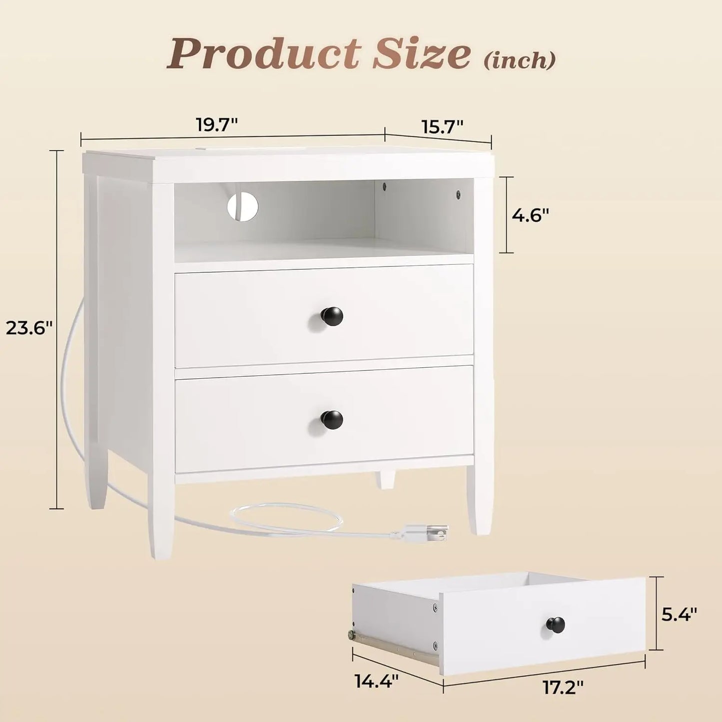 Nightstand with Charging Station 2 Drawers Modern Bedside Table Storage