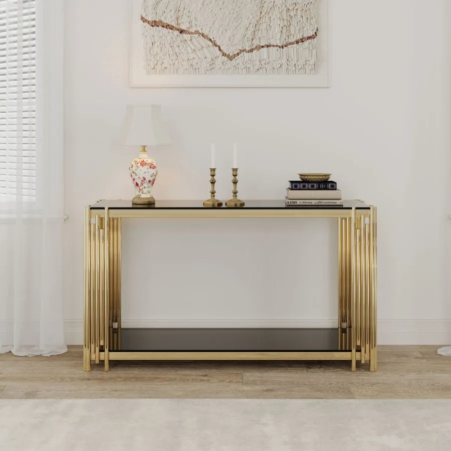 Modern Glass Console Table 55 Inch Gold Metal Frame for Living Room Entryway