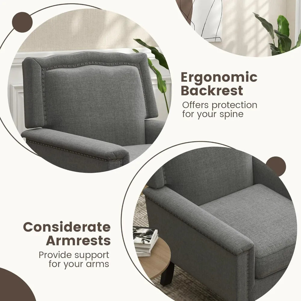 Mid Century Modern Accent Chair Set of 2 Grey Linen Rubber Wood Legs