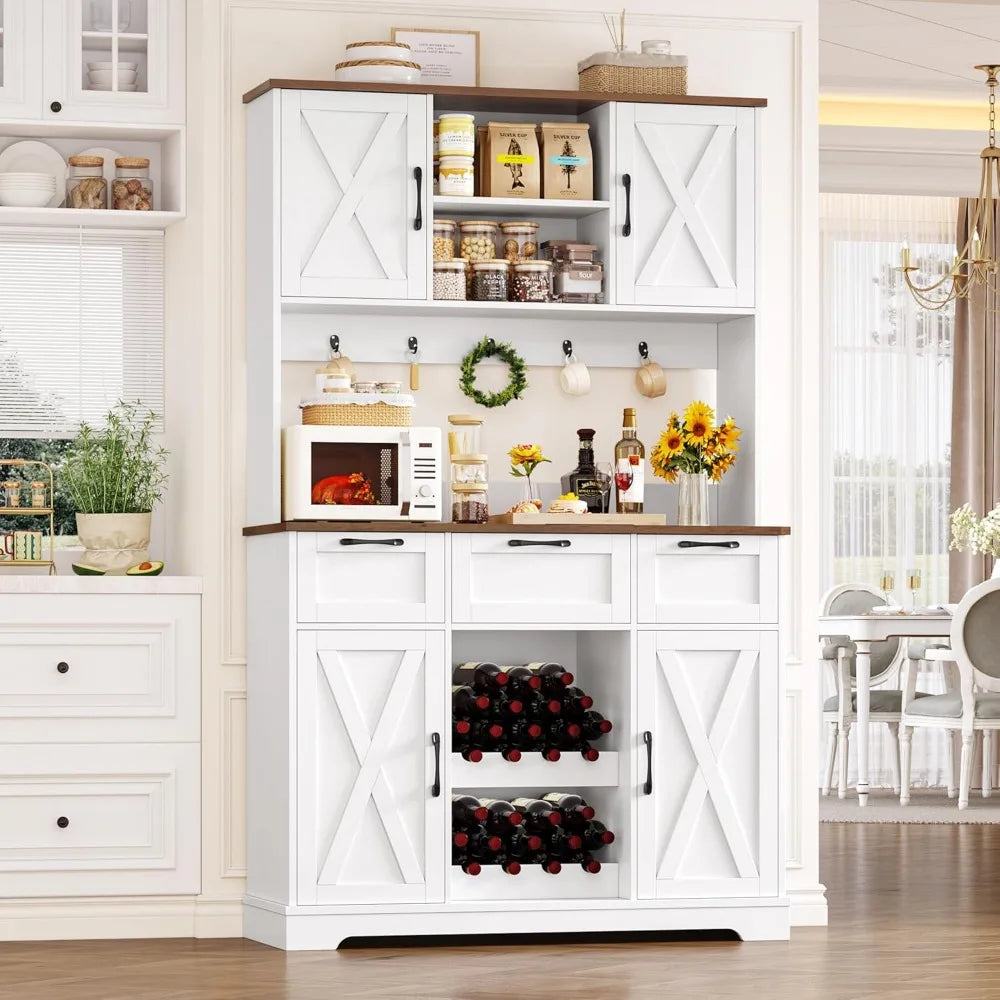 72 Inch Large Kitchen Pantry Storage Cabinet with Barn Doors and Drawers