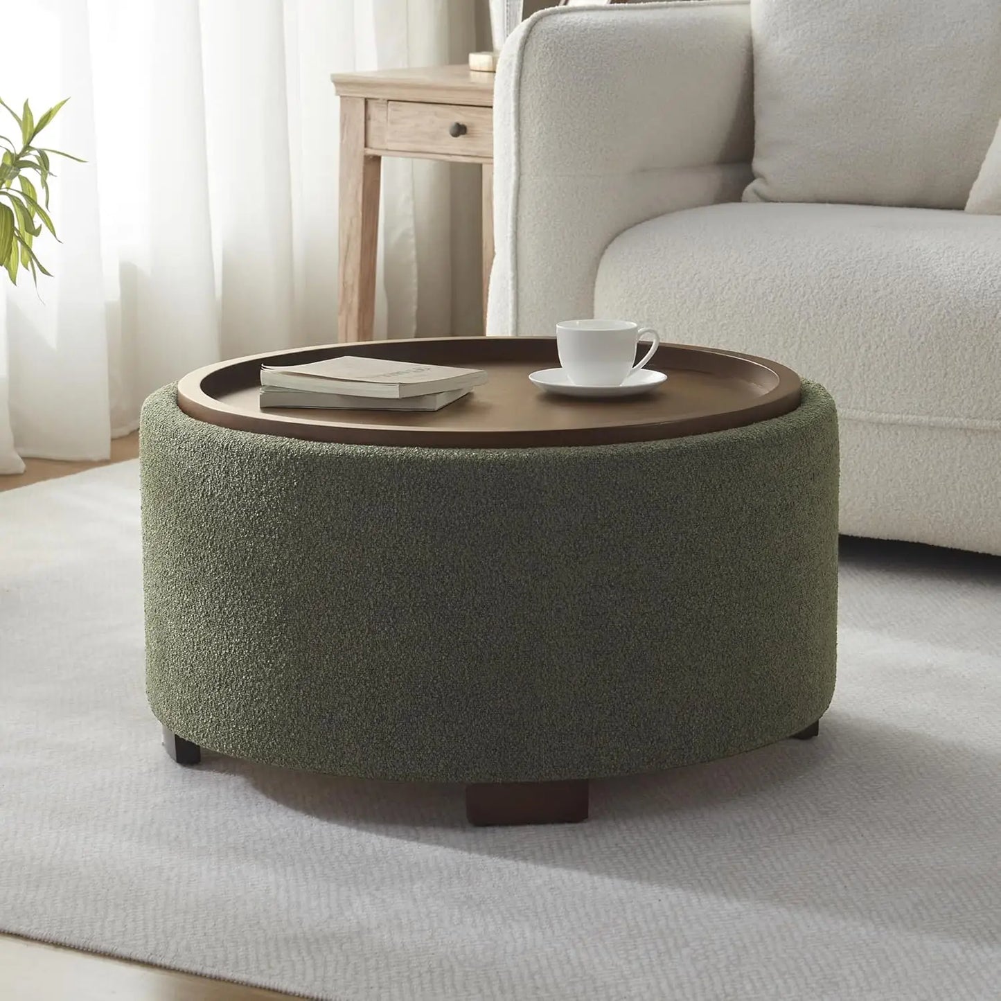 30 Inch Round Storage Ottoman Coffee Table Modern Boucle with Wood Legs