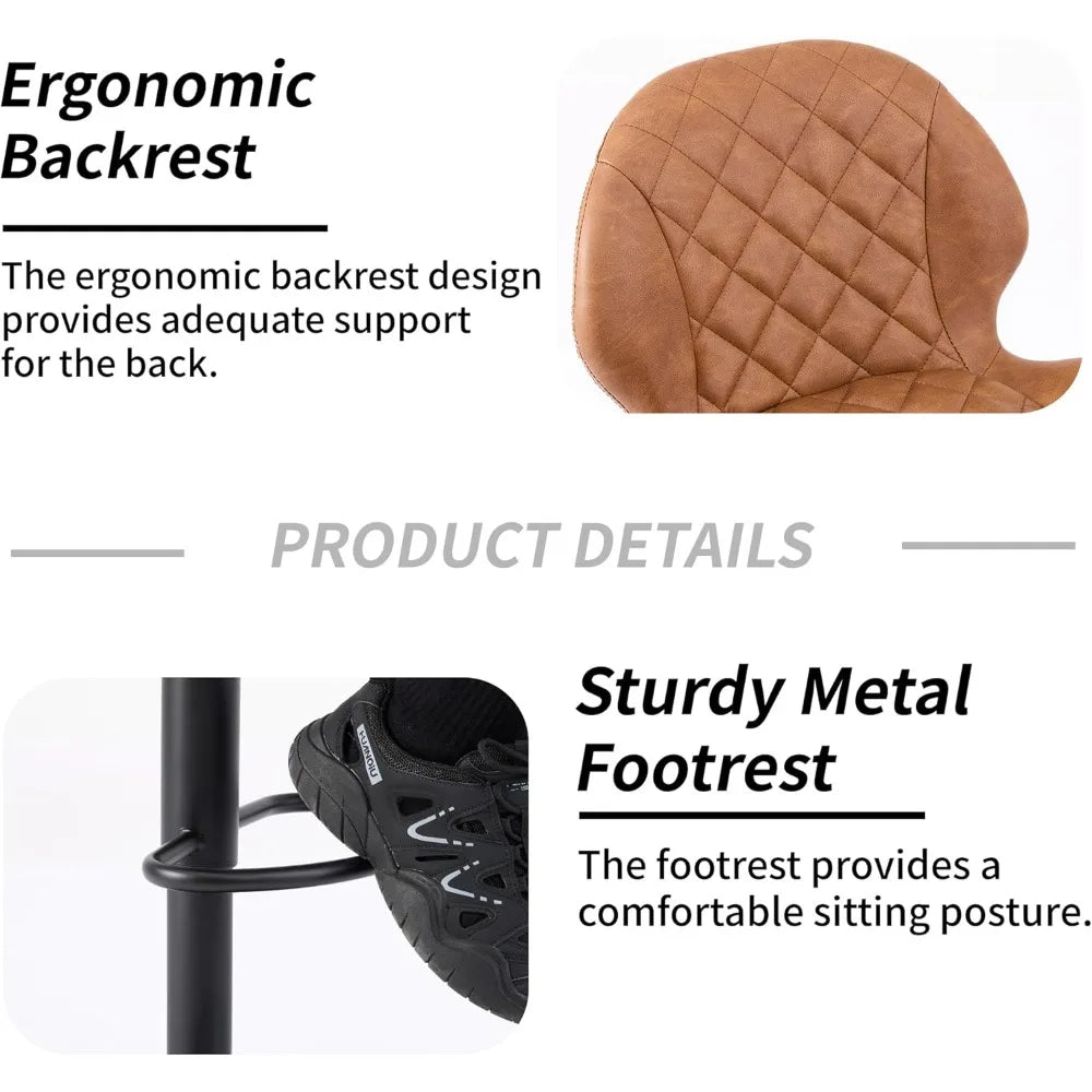 Set of 3 Adjustable Brown Swivel Bar Stools with Back for Home Bar