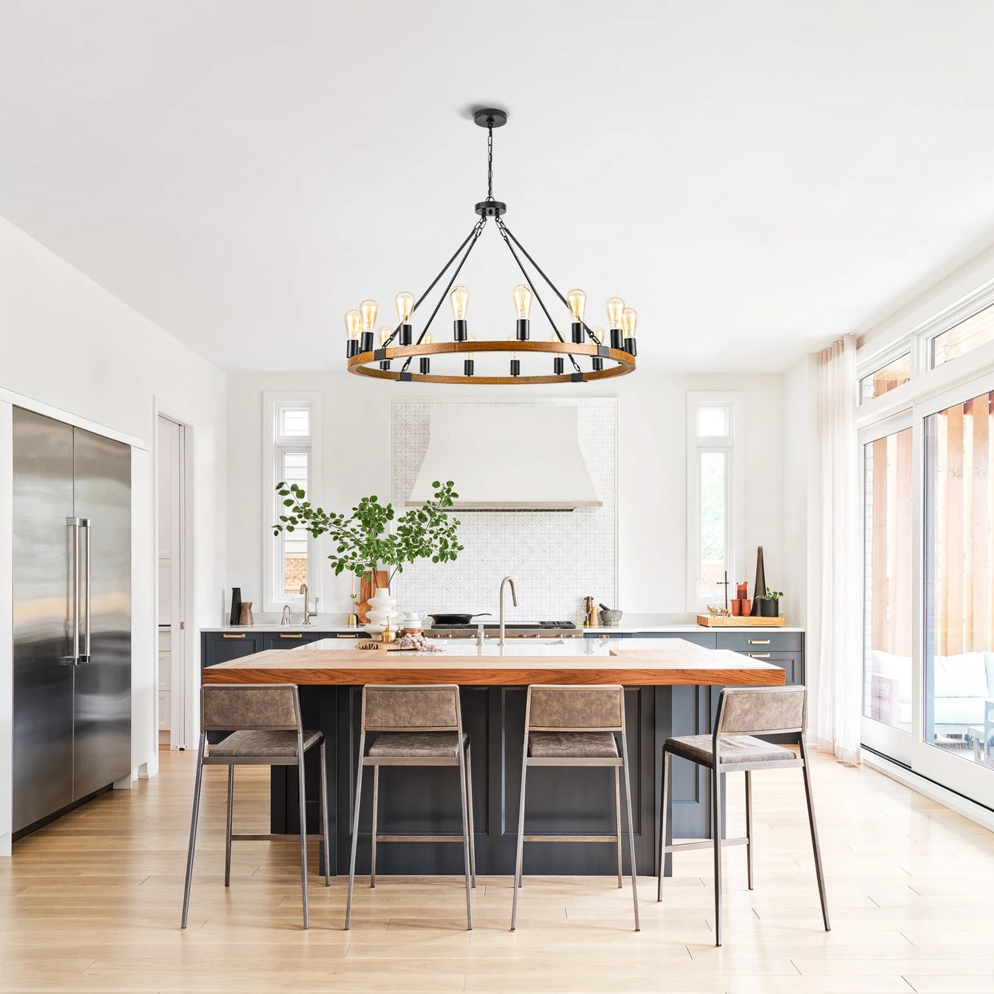 Wood Wagon Wheel Chandelier Rustic Farmhouse 16-Light Pendant Light