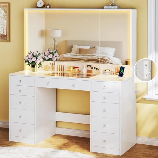 Vanity Desk with Mirror Lights 50 Inch Makeup Vanity Glass Top 11 Drawers