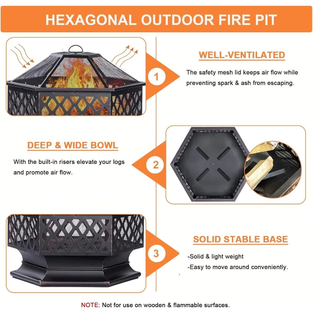 Outdoor Fire Pit Hexagon Wood Burning Patio Bonfire 33 Inch