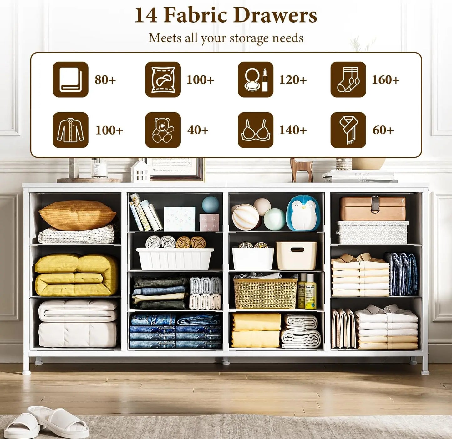 63 Inch 14 Drawer Dresser TV Stand with Power Outlet for 75 Inch TV