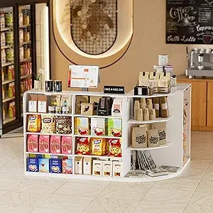 L-Shaped Reception Desk with Drawers and Transparent Display Case