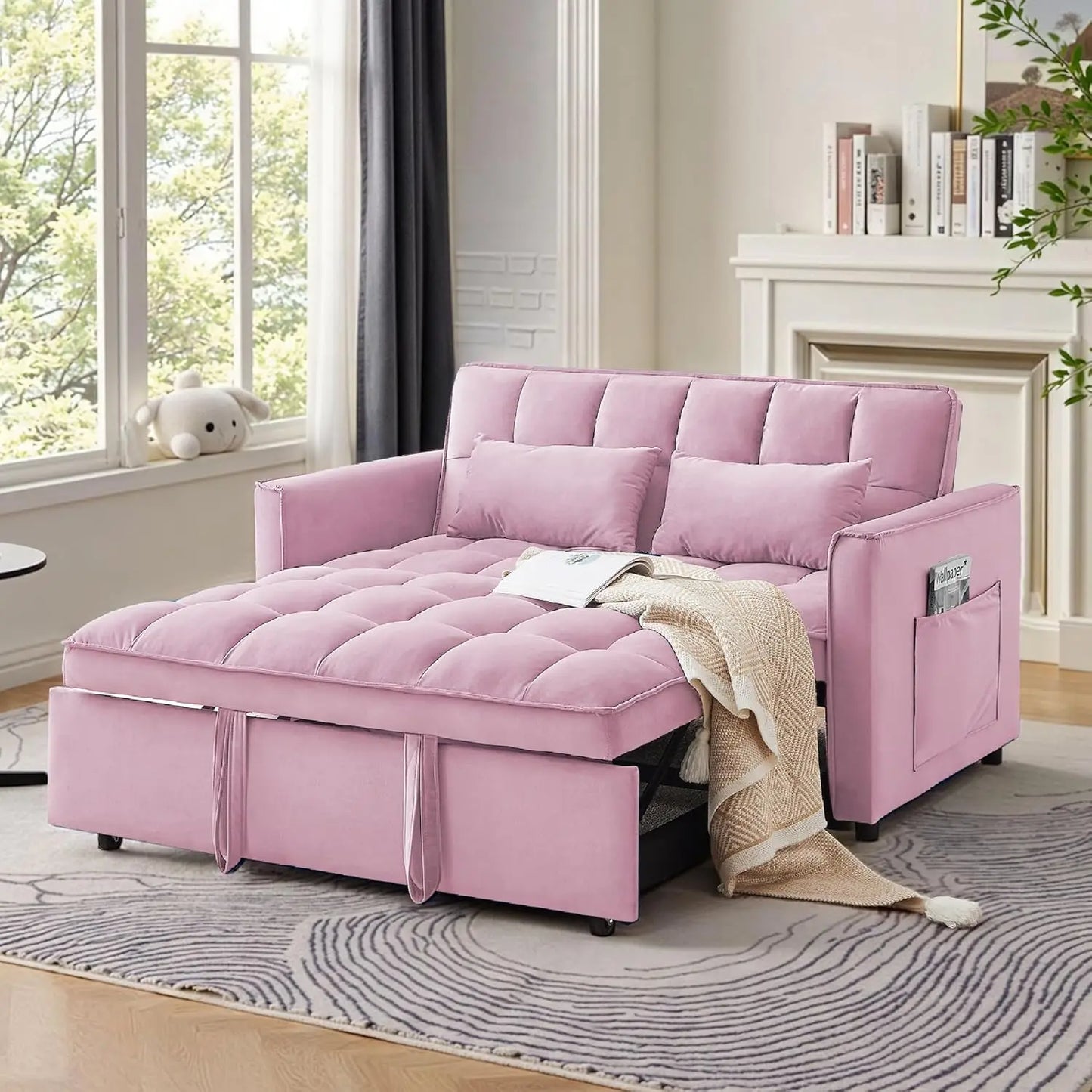 Sleeper Sofa Bed 55 Inch Convertible Loveseat Couch with Side Pockets