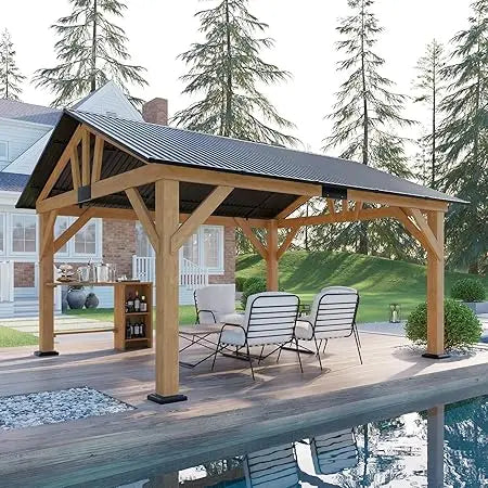 13x15 ft Spruce Wood Gazebo Outdoor Pavilion with Bar Storage