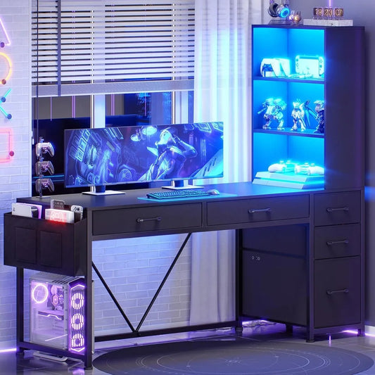 Computer Gaming Desk with 5 Drawers Bookshelf Reversible Home Office