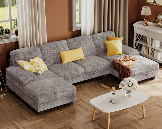 Ljustra Sectional Couch U-Shaped Sofa Linen Fabric 4 Seat Living Room