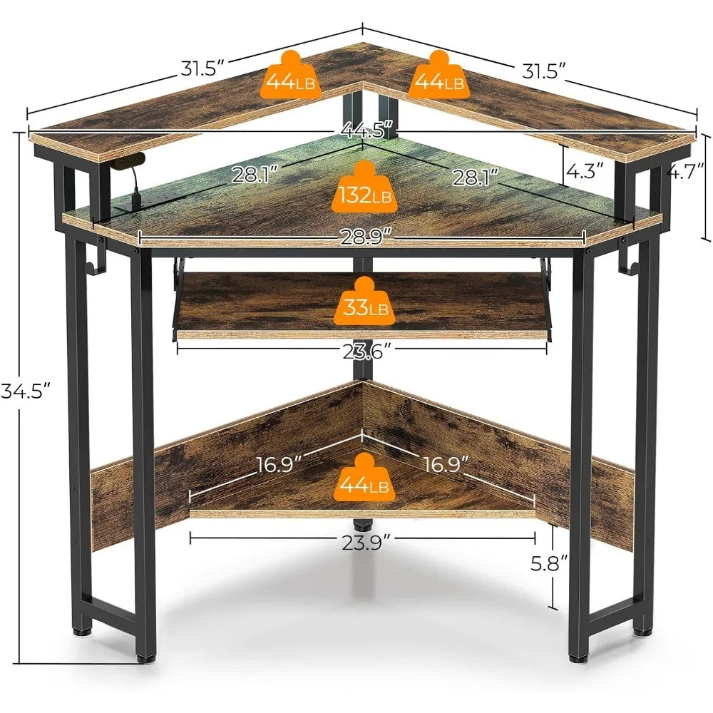 Corner Desk with Power Outlets LED Lights Gaming Computer Triangle Design