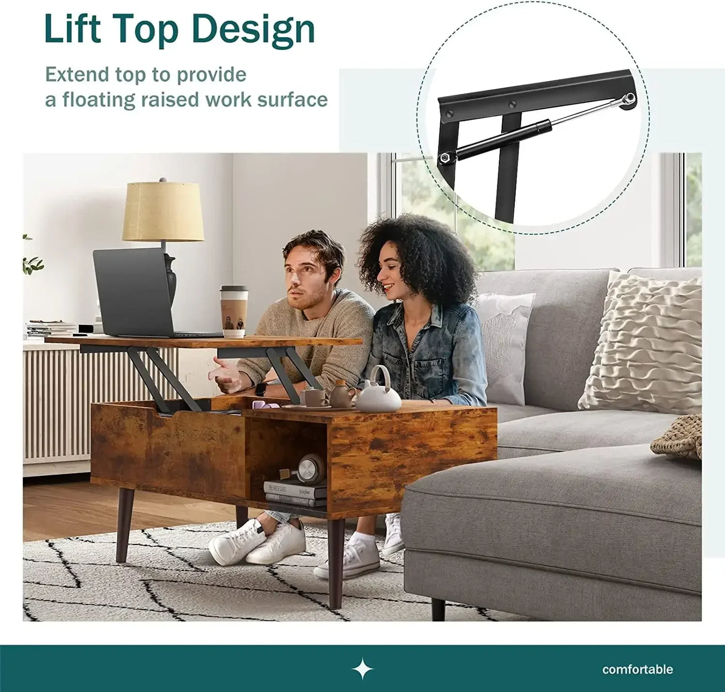 Adjustable Height Wooden Coffee Table with Hidden Storage for Small Spaces