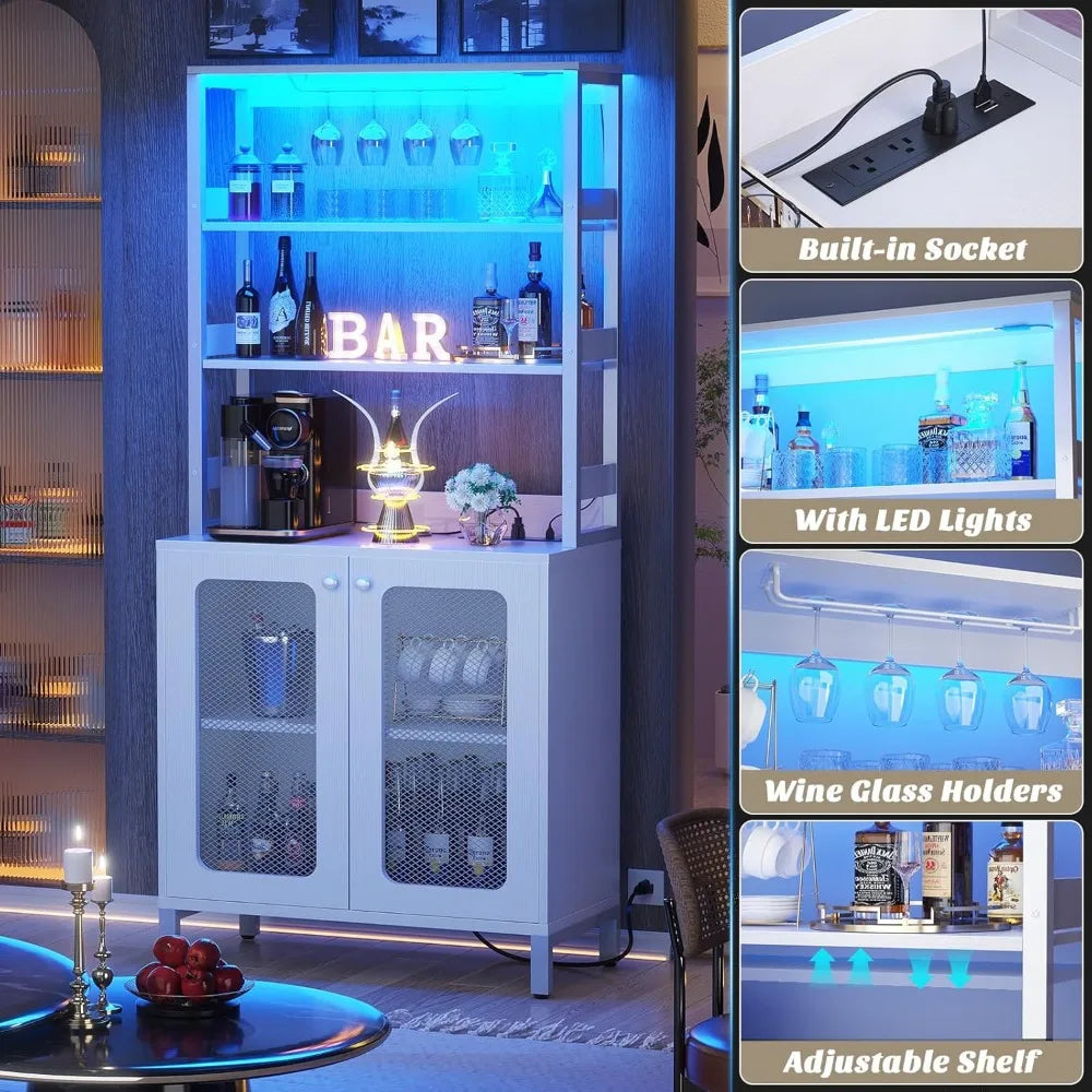 67 Inch Tall Bar Cabinet with Power Outlets and LED Lights