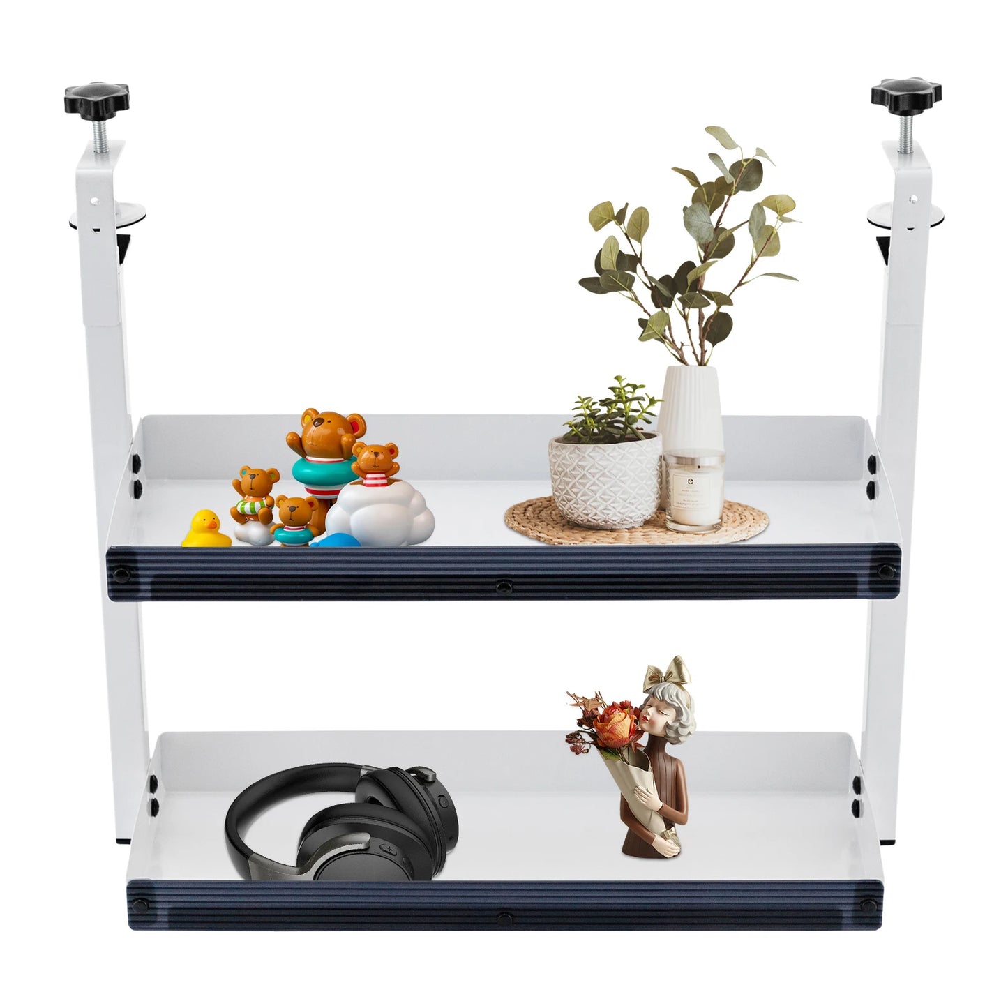 Clamp-on Desk Shelf 2-Tier Metal Organizer Above Under Table Storage