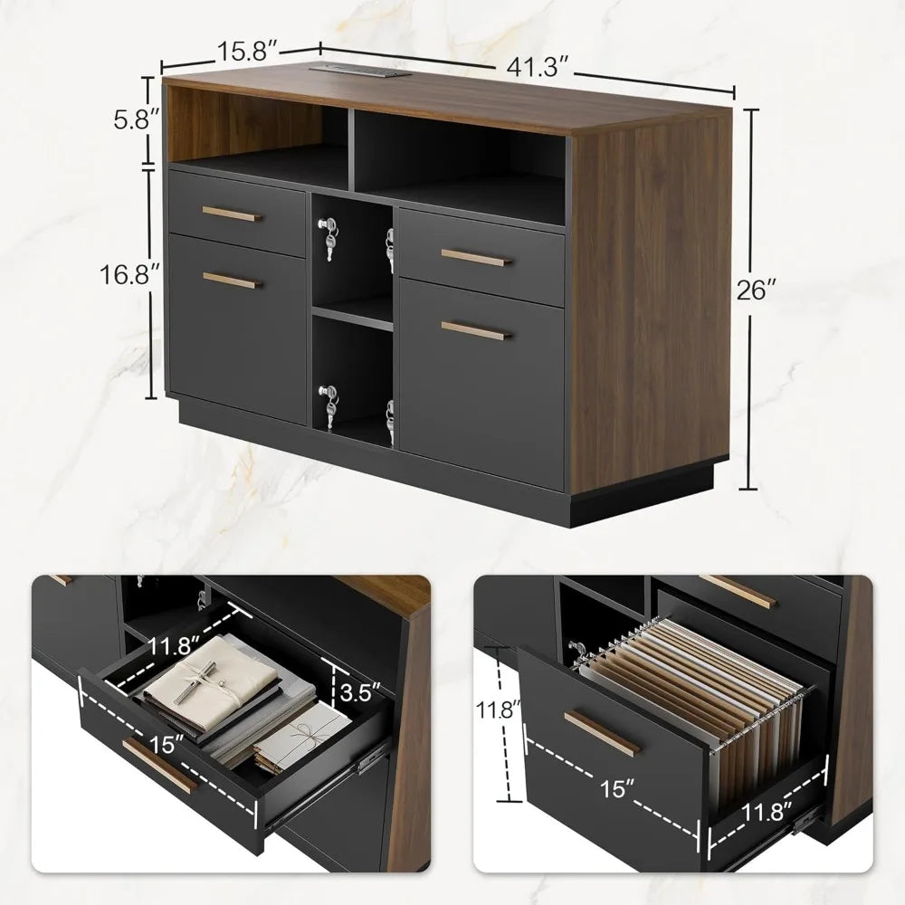 L Shaped Height Adjustable Standing Desk with File Cabinets and USB AC