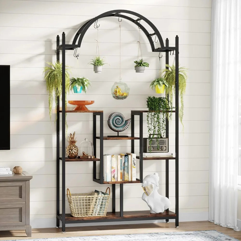 5-Tier Tall Indoor Plant Stand Arched Metal Flower Shelf with Hooks