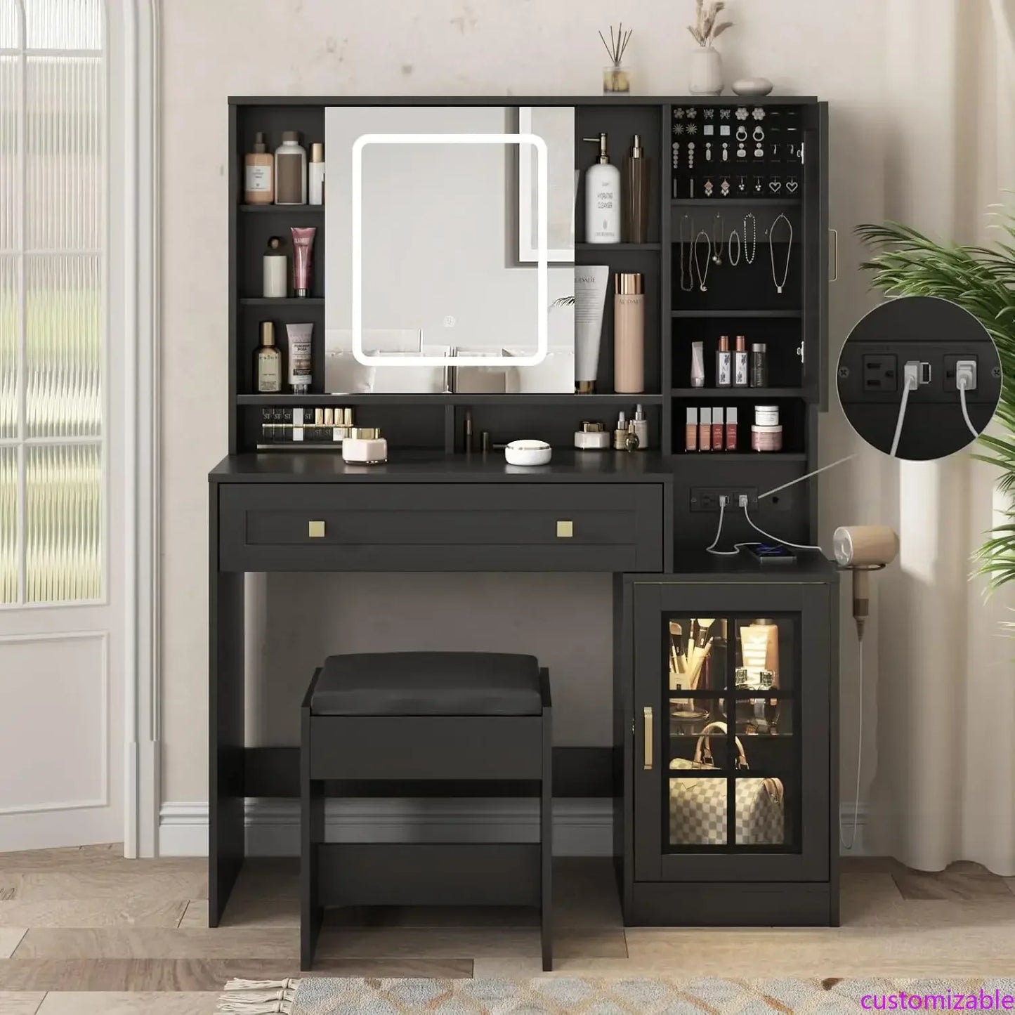 Ljustra Vanity Desk with Sliding Mirror Charging Station Stool Jewelry Storage