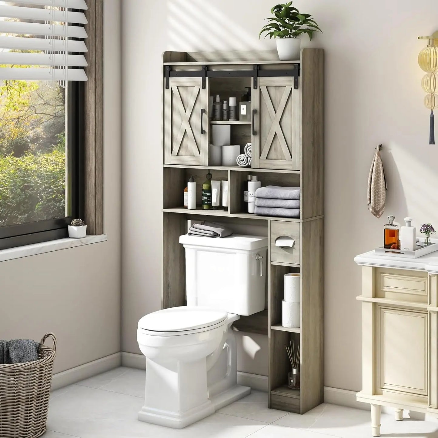 Farmhouse Storage Cabinet Over Toilet with Sliding Doors Space-Saving Rack