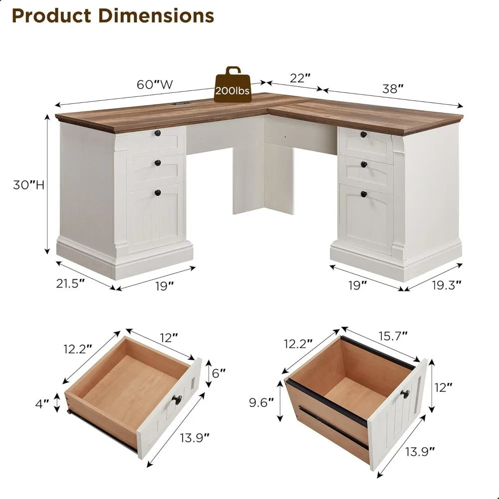 Ljustra Farmhouse L-Shaped Desk with Drawers and Charging Station