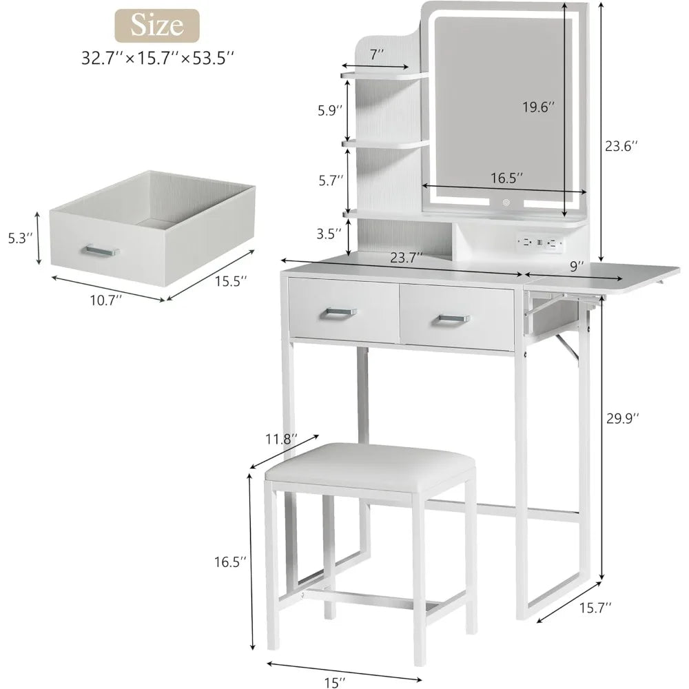 Makeup Vanity Desk with Foldable Panel Mirror Light and Storage
