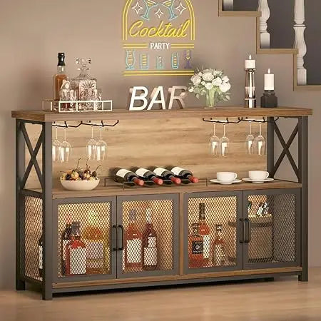 Industrial Coffee Bar Cabinet Farmhouse Wine Storage Sideboard Organizer