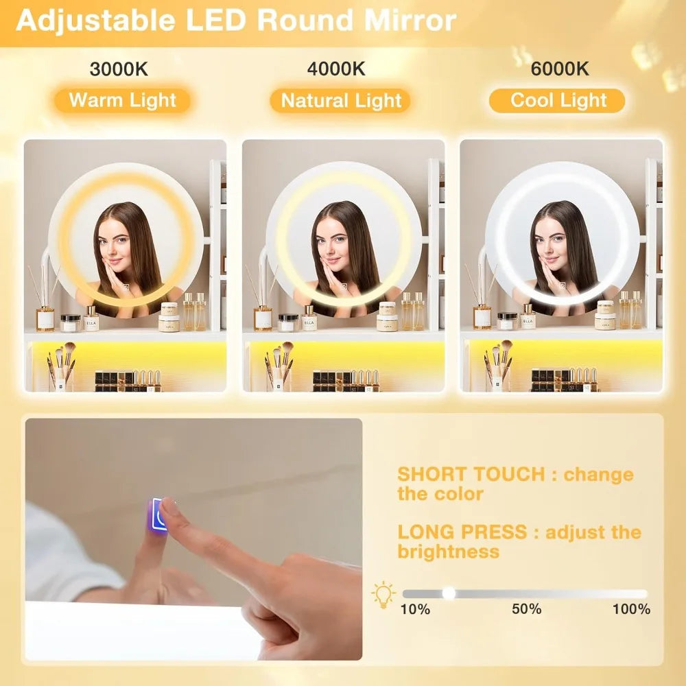 Ljustra Vanity Desk with Mirror and Lights Makeup Storage 2 Drawers