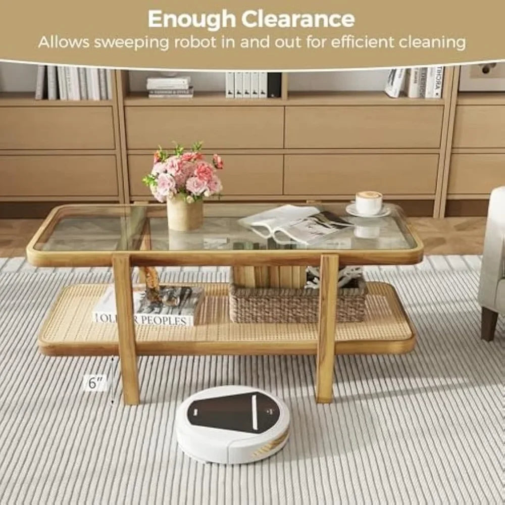 Rattan Coffee Table 47.5" Rectangle Solid Wood Tea Table with Storage