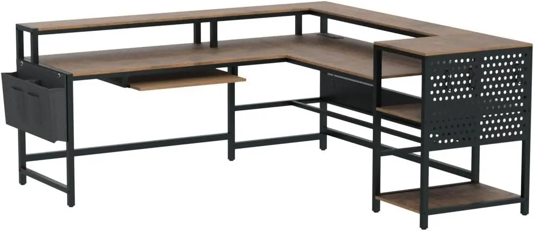 L Shaped Computer Desk with Power Outlets LED Strip Monitor Shelf Keyboard Tray