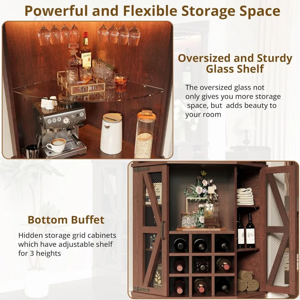 Tall Corner Bar Cabinet with LED Light Tempered Glass Rack Wine Storage