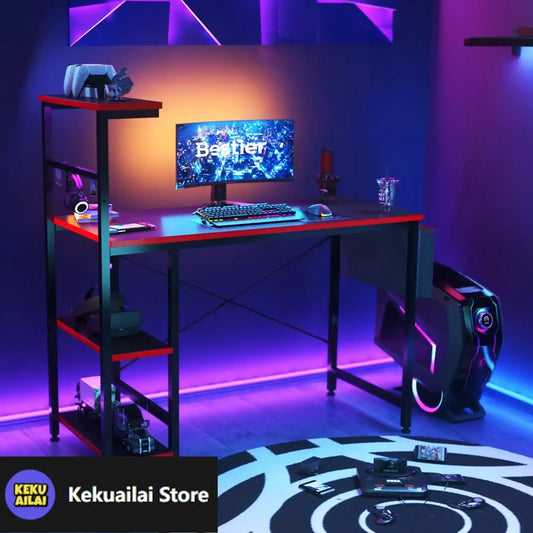 Computer Gaming Desk 44 Inch with LED Lights Reversible Shelves Carbon Fiber