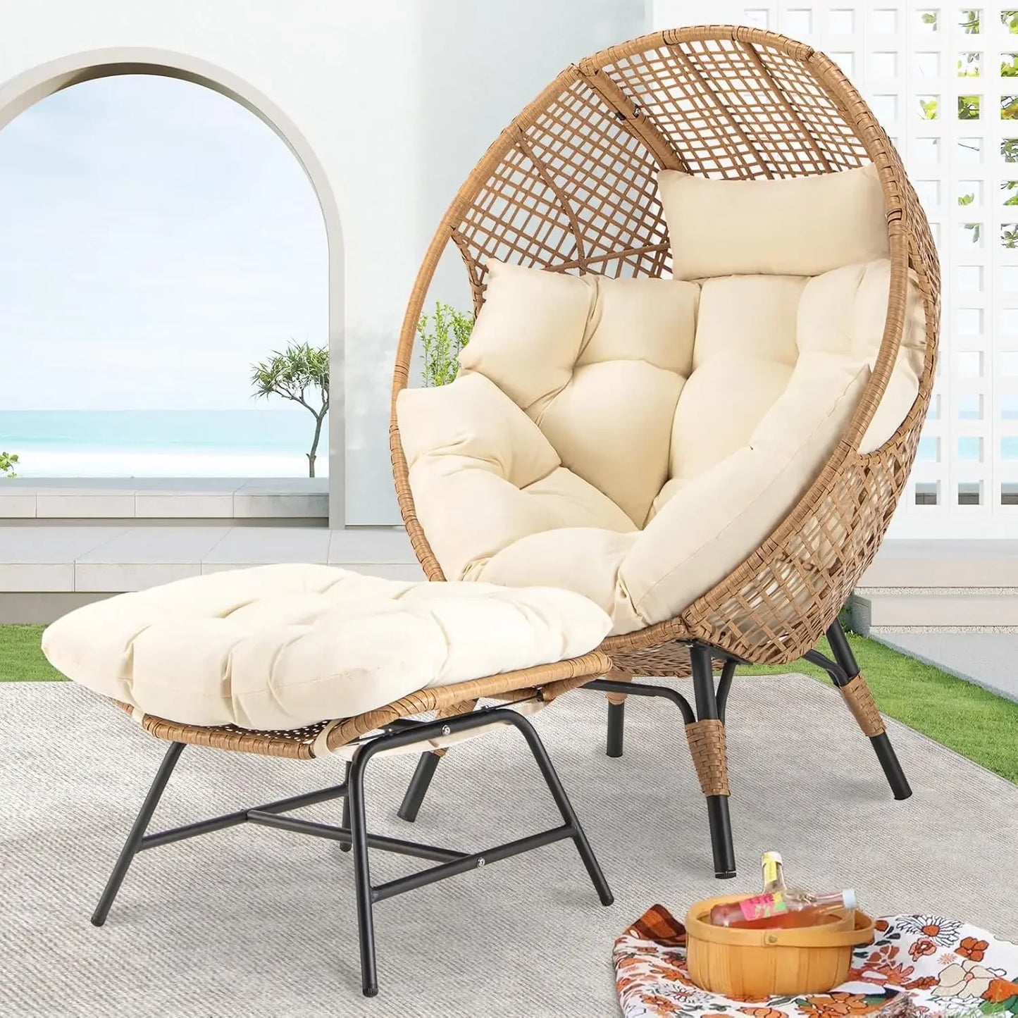 Cozy Patio Egg Chair with Ottoman Indoor Outdoor Lounge Chair 440lbs