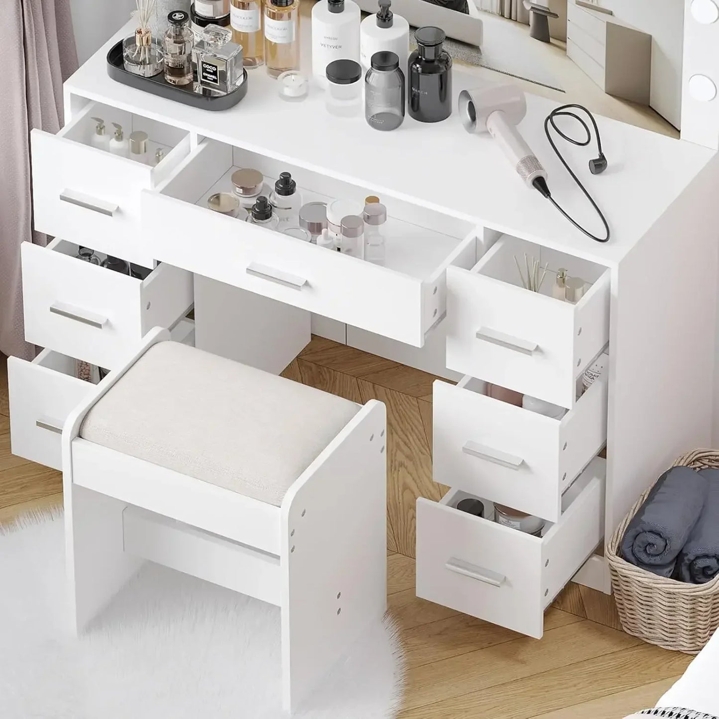 Vanity Desk with Stool Adjustable Brightness Lighted Mirror 3 Modes