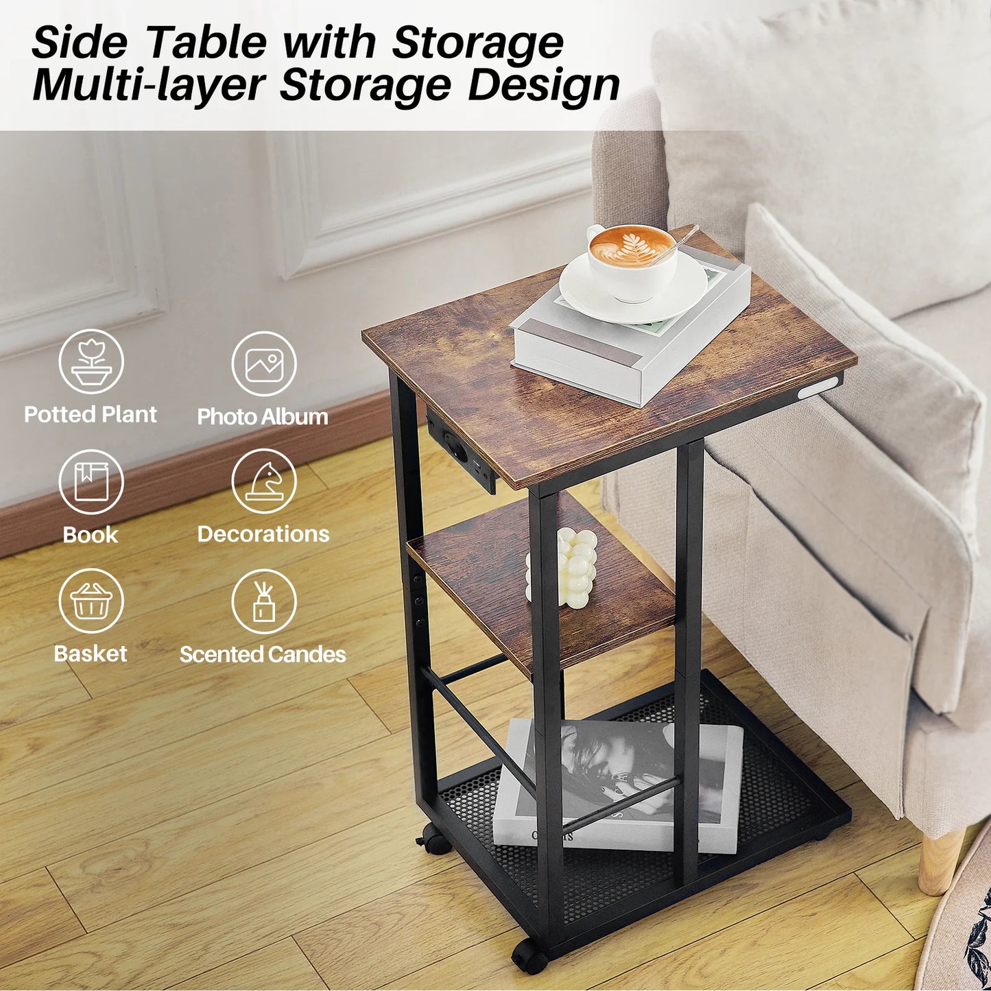 C Shaped End Table with Charging Station Rolling Wheels Small Space