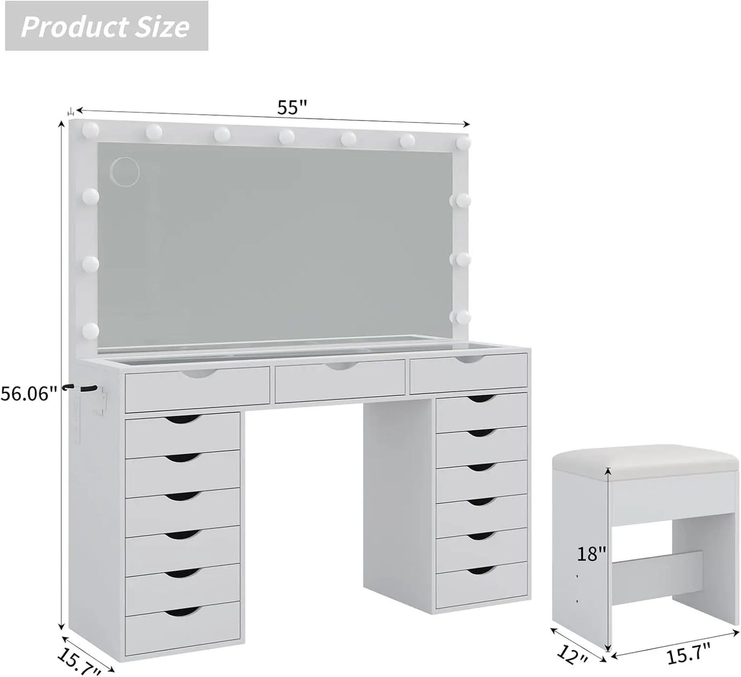 Vanity Desk with Mirror and Lights Makeup Table Charging Station 15 Drawers
