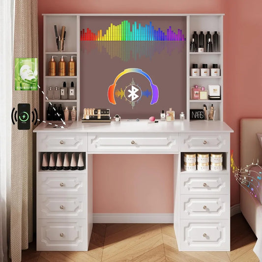 Dressing Table Vanity Desk with Mirror Lights Bluetooth Speaker Makeup