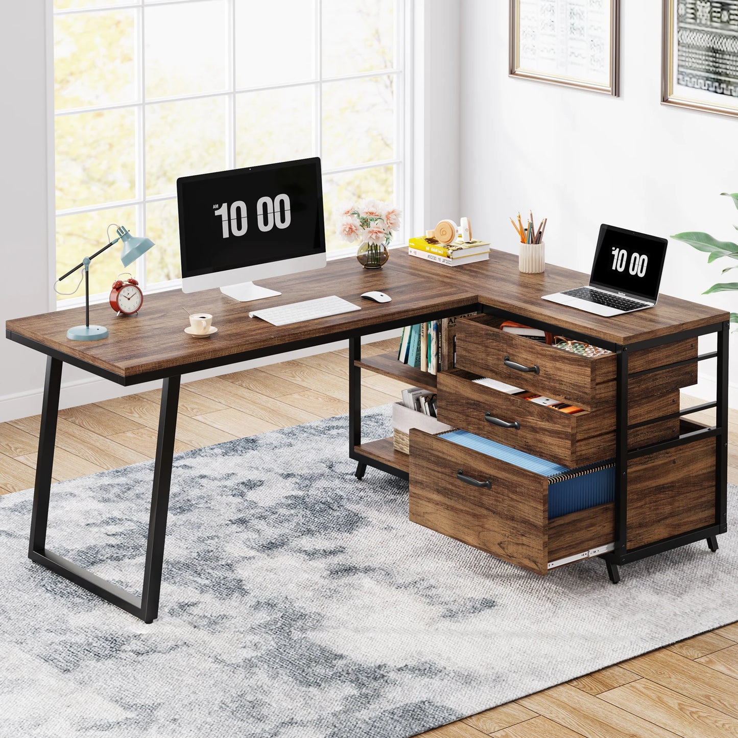 Ljustra L-Shaped Computer Desk with 3 Drawers Reversible Corner Desk